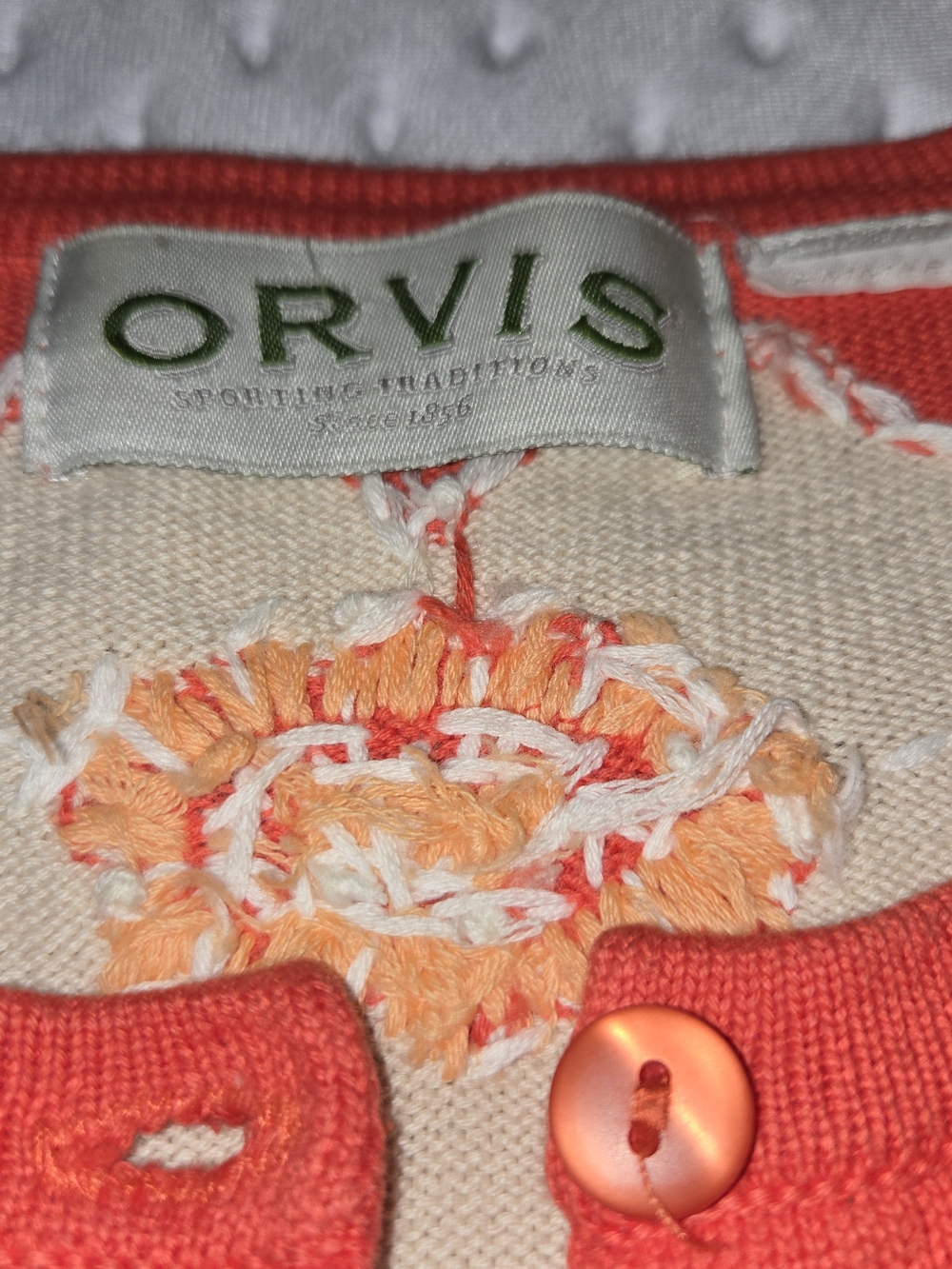 Vintage Orvis Women’s XL Coral Knit Sweater Cardigan Embroidered Flowers - Picture 4 of 5